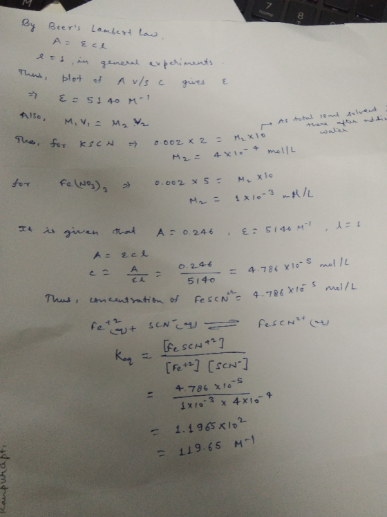 general experiments Beers Lambert law A= ece e=s, in general expere This plot of Auls c E. 51 4. M-1 Also Miv = Mate gives &