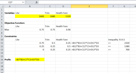 for E27 A C D G H Variables: Lite Trim Health Fare 1680 1120 1600 oo vanewno 5 Objective Function: Lite 7 Max Trim Health Far