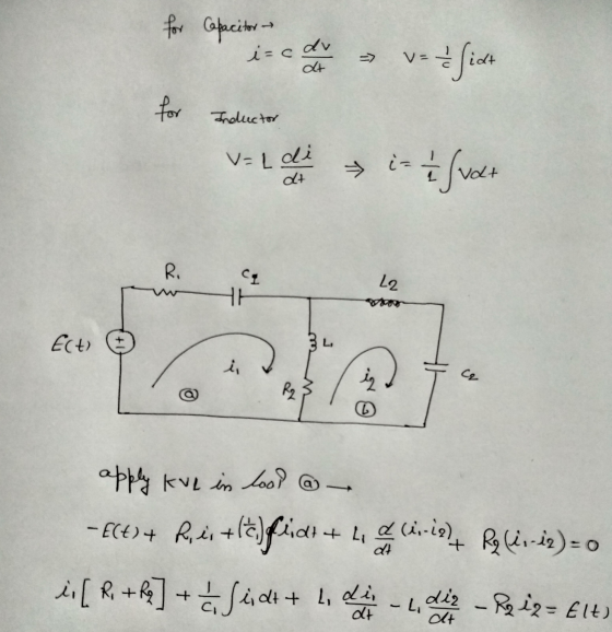 for Capacitor i=cdr => dt vehidh for Inductor V=L di i= 11 volt dt R. CI L2 Ect) 34 i in C2 R2 apply kue in lood @ - E(t) + R