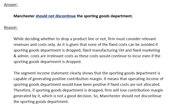 Answer: Manchester should not discontinue the sporting goods department. Reason: While deciding whether to drop a product lin