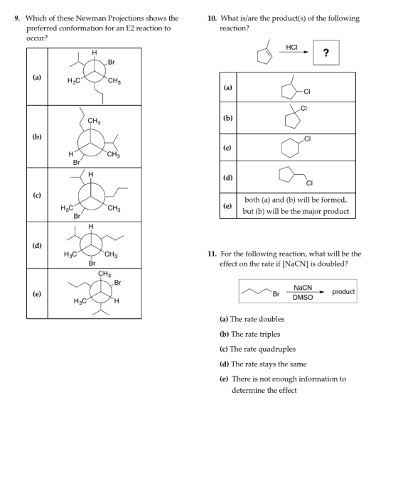 9. Which of these Newman Projections shows the preferred conformation for an E2 reaction to occur? 10. What is/are the produc