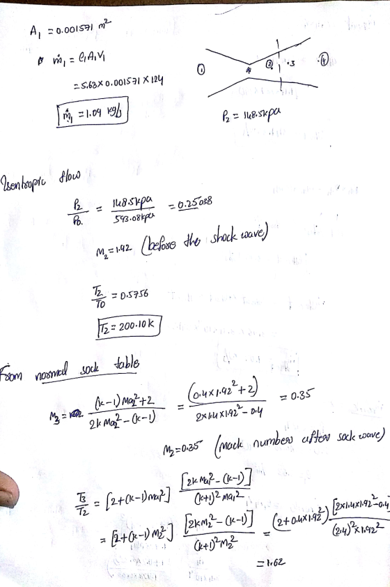 from normal sock table A, -0.001571 m2 A m, = GIAN 0 42 25.68X0.001571 X 124 m = 1.09 Kgl Pa = 148.5*pa Esentropic flow B 148