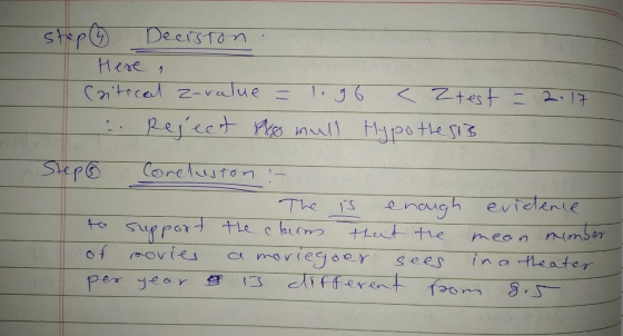 Step 4 Deciston Here & I Caitical z-value = 1.96 < 2test = 2.17 1. Reject promull Hypothesis Step 6 Conclusion :- The is enou