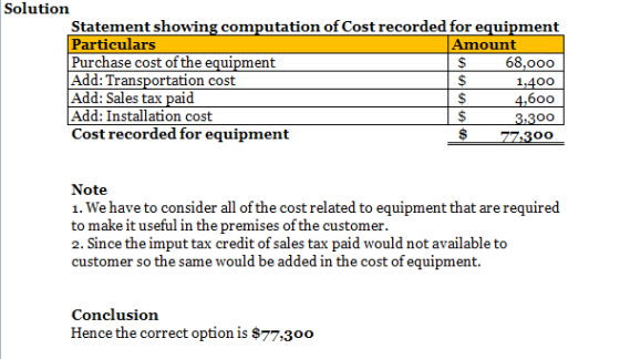 Solution Statement showing computation of Cost recorded for equipment Particulars Amount Purchase cost of the equipment $ 68,