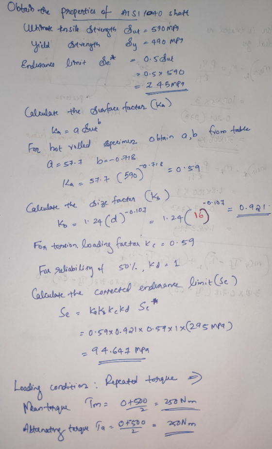 -0.712 Obtain the properties of Aisi 1040 shaft Ultimate tensile Strength Sut = 590 MP Yield Stveryth Sy = 490 mpg Endurance