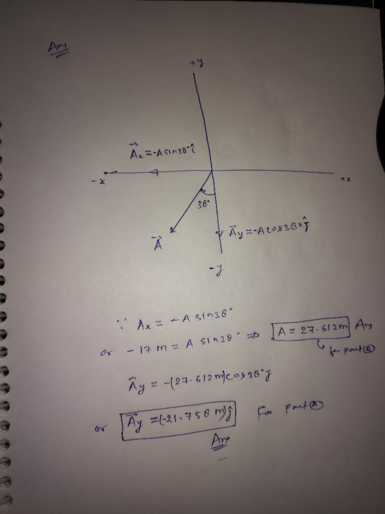 Ang A=-A 511 38 38 & Ảy =-A (08380 . Axz - A singo or - 17 m2 A sin 38° * {A 2 27.612m Any for part Äy z -(27.612 m eos abog