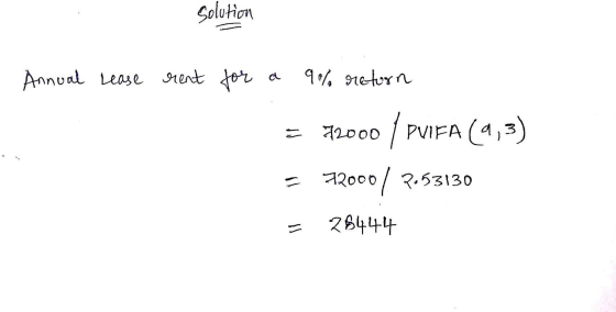 Solution Annual Lease rent er PVIFA (4,3) 2000 2000/2.53130 স२०००/ 2B444