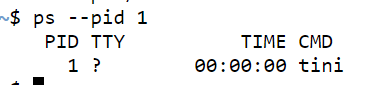 $ ps --pid 1 PID TTY 1 ? TIME CMD 00:00:00 tini
