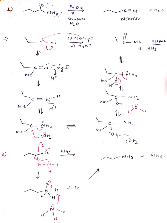 - Pq Olo + H2O 7 removes н, о -CEN Nitrile c = N: 1) Me-mg I 2) Hoot LC-me kelone + NH3 - t C=N; Mg I ht ctherg o me ME → IL