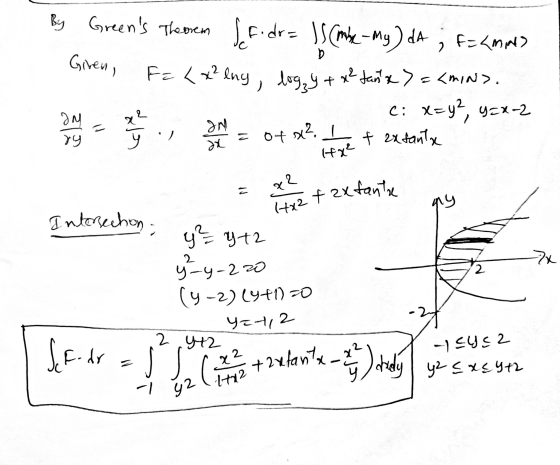 14x2 f zx fantre By Greens Theorem {f.dr = 18 (mh - My ) da ; F= {M) Giren, F= L x²lny, dog, yt 2 b log, y + x² tanx) =<mn>.