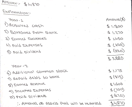 Answers $4,870 Explanation: Year.1 DAGEGuired cash 2) Borrowed from Bank . 3) Earned revenues 4) paid Expenses 5) paid. Divi