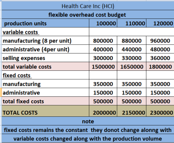 Health Care Inc (HCI) flexible overhead cost budget production units 100000 110000 120000 variable costs manufacturing (8 per