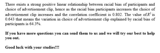 There exists a strong positive linear relationship between racial bias of participants and choice of advertisement clip, henc