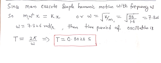 so = kx or w km, Since mans execute Simple harmonic motion with frequency w mw²x = 7.826 w = 7.326 radio. then time period of