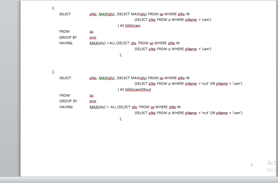 1. SELECT pNo, MAXIat), (SELECT MAX(t) FROM sp WHERE pNo IN (SELECT RNR FROM p WHERE RNam晨= cam) )AS MAXcao FROM GROUP BY H