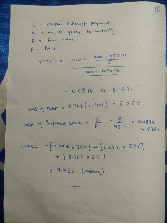 coupon Intenest payment to motuity - ho, o7 years focL Volue Price 1000 -1050.76 YTM %3D lo50.76 I o0o + = 0.0876 8.76 Y. or