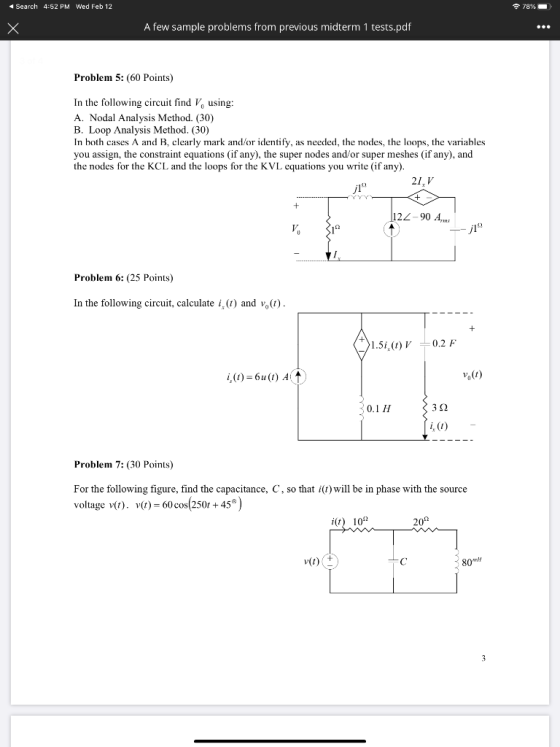 Search 4:52 PM Wed Feb 12 78% A few sample problems from previous midterm 1 tests.pdf Problem 5: (60 Points) In the following