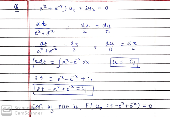 er) uy + 24x= 0 Lert du at Jु जर = (012 (1. 12dt C2 सदण्ण 2t - e* +e* = C PDE is Fu, 2t -e*+ē Scanne of CamScanner est