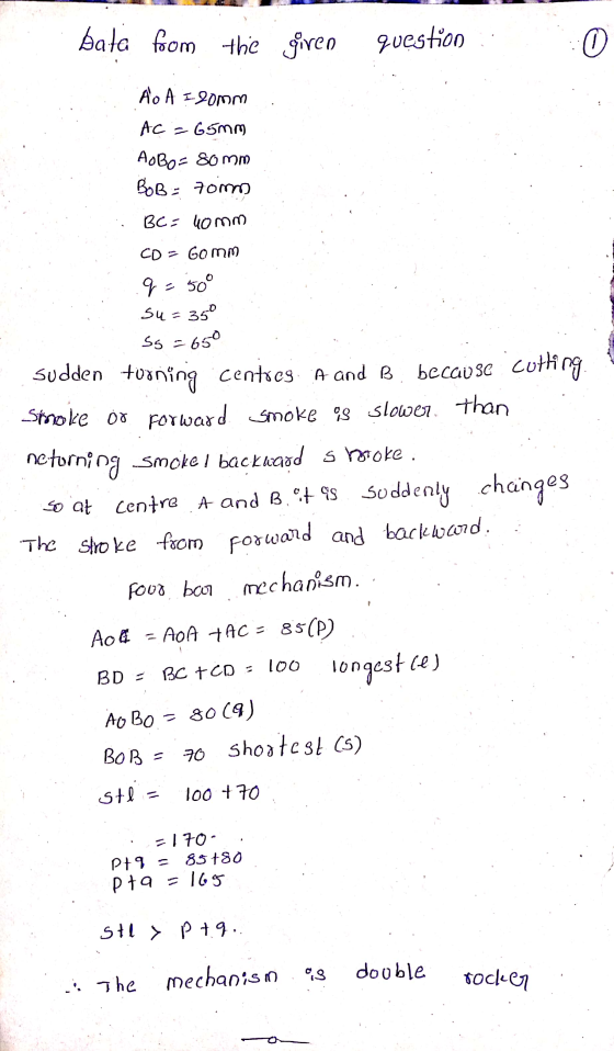 bata from the giren question 0 ÃO A I 20mm AC = 65mm AoBor somm BoB = 70m BC= Homm CD - Gomm Ss - ک 9 = 50° Su=35° .650 sudde