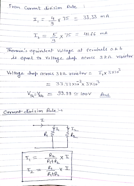 from current divi sim ρυ le i 33.33 mA 9 1 Iheeainls equvlent Voltage at terminels a b choト 3k/L Yendt ๒๕ across V. a 99.99 o