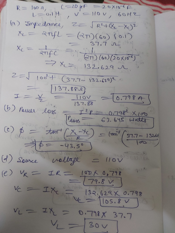 C-20 hF 20X/0 Vellov R= 100 L 60H2 (a) Jmypedanee, Z R (&u-2 TC60) 0.1 37.7 RTYL Xc Bn (60)(20x10 7X 132.629 2E100+ 377-132.