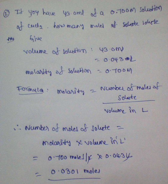 ①Tky y have o cu how Solute Nolume in L o.0301 mole