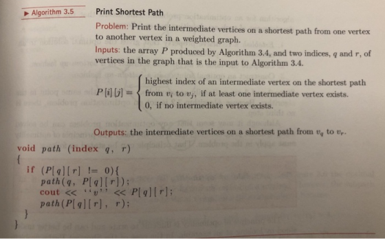 Algorithm 3.5 Print Shortest Path Problem: Print the intermediate vertices on a shortest path from one vertex to another vert