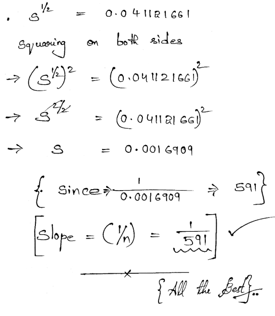 RIS om des isk = 0.04112166! Squaring on both sides → (5/4)2 = (0,041216602 75 - (0.041121 cc) → S = 0.0016909 { sincet D.016