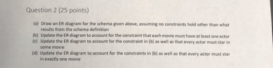 Question 2 (25 points) (a) Draw an ER diagram for the schema given above, assuming no constraints hold other than what result