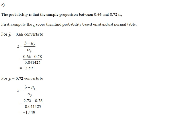 c) The probability is that the sample proportion between 0.66 and 0.72 is, First, compute the z score then find probability b