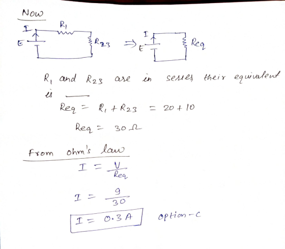 Now RI 오 F Rq3 Req are in series their equivalent R and R23 is Req = RitR23 S 20 + 10 Req= 302 from ohms law I = v Req g I =
