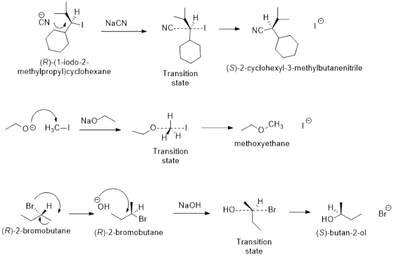 NaCN (R)-(1-iodo-2 methylpropyl)cyclohexane (S)-2-cyclohexyl-3-methylbutanenitrile Transition state CH3 methoxvethane Transit