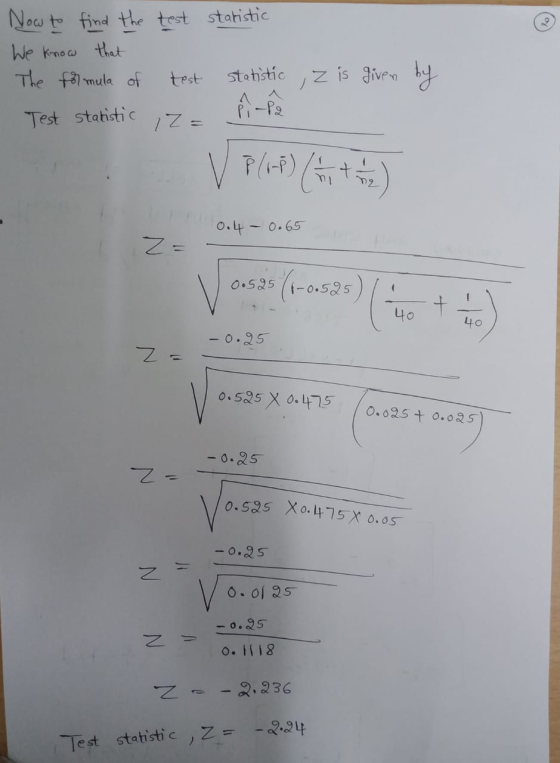 statistic Now to find the test We know that The formula of test Test statistic , z = , Z is given by statistic Pi-la V P(-7)