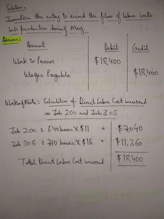 Journalize the Answer: Solution entary to read the flow of labor costs into production during may Acount Debit Credit Work in