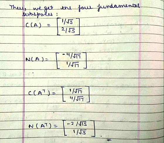 . They, we get the four fundamental subspaces 1/15 C(A) = 2155 - 2/5 NCA)= WH CCATJE JA 47119 NCAT) - -2 / vis 1/15