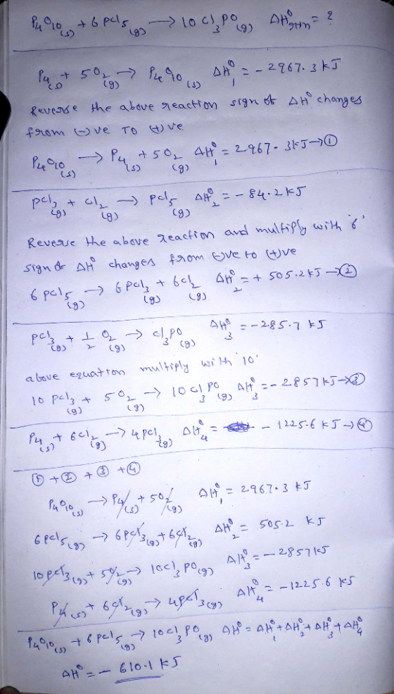 Pe 10+ 6 pcs - 1001 Po Agron? la + 50 16 Pero H = - 2967.3 kJ Reverse the above reaction sign of the changes from ove To tve