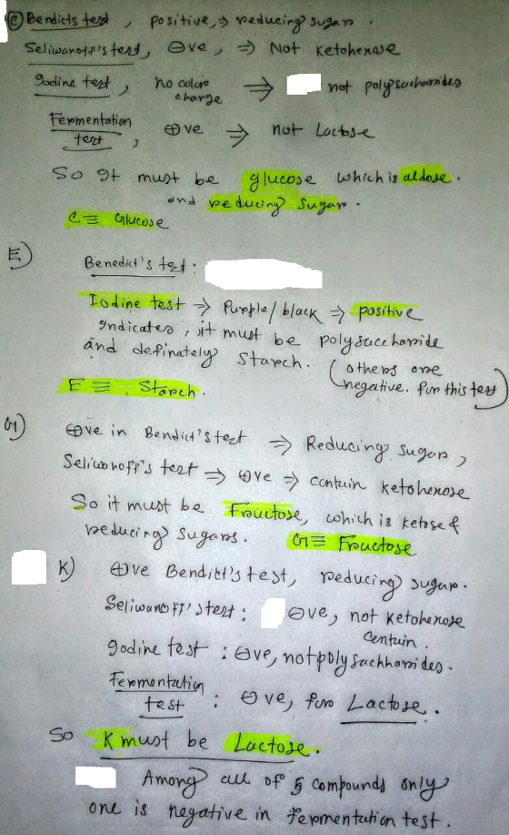 @ Bendicts test, positive, Seliwanotas tert, Ove, godine test, no coloro reducing sugar > Not Ketcherase not polysacharides.