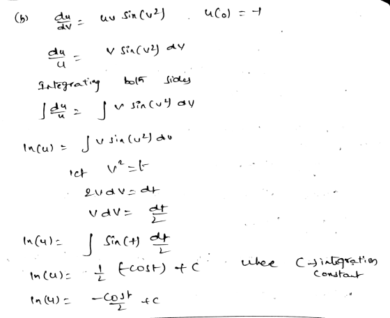 ( 5 ) du av sin (42) ucol = 4 dy - du u Y sin(42) ay bols Integrating sides se on ju sin cuy ay jus v=t- 1 usincu 2 du Incula