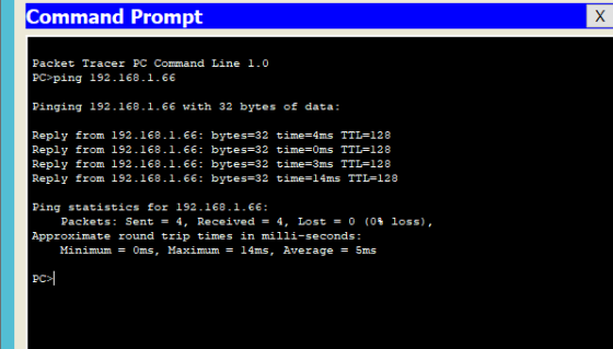 Command Prompt Packet Tracer PC Command Line 1.0 PC ping 192.168.1.66 Pinging 192.168.1.66 with 32 bytes of data: Reply from