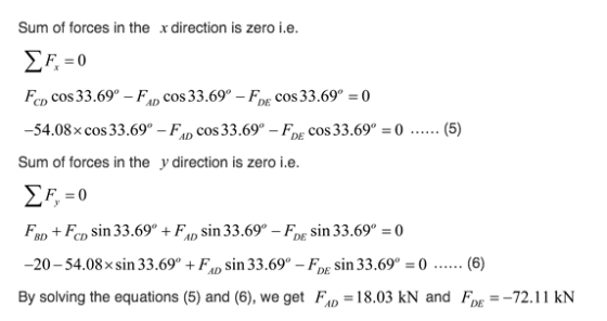 Sum of forces in the x direction is zero i.e. FCD COs 33.69-FAD COS 33.69-FDE COS 33.690-0 54.08xcos 33.69 - FAD coS 33.69 F cos 33.69... .(5) Sum of forces in the y direction is zero i.e FRD +Fcn sin 33.69 + FAD sin 33.69 - FDE sin 33.690 -20-54.08x sin 33.69 + FD sin 33.69-Fg sin 33.690 (6) By solving the equations (5) and (6), we get FAD 18.03 kN and FDE72 kN