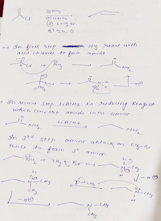 COMHz (2) LAINT (3) 2xC4 BY 6 22,5 - In firet step acid chloride monta N4 react with to form amide. A 00 Itu - the T-s0 - - I