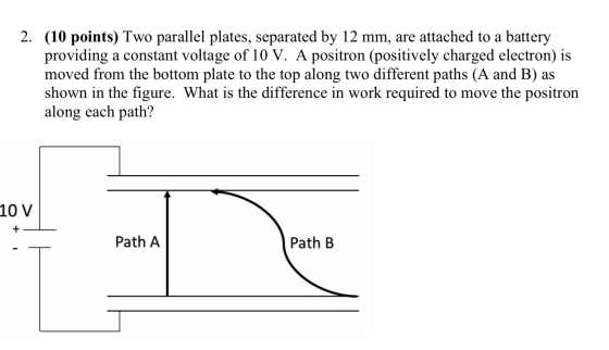 2. (10 points) Two parallel plates, separated by 12 mm, are attached to a battery providing a constant voltage of 10 V. A pos