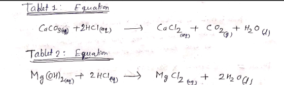 x CaCl2 + CO2 + H₂O as Tablet I: Equation . CaCO3 + 2HCl(aq) Tablet 2: Equation Mg COMI scan) + 2HClan - Mg Cl2 egg + 2H20ls