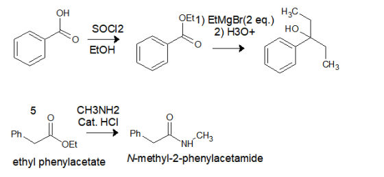 H2C Et 1) EtMg Br(2 eq.). SOCI22 ) F EtOH I 2) H3O+ + HO. CH3 5 o CH3NH2 Cat. HCI Ph. * Ph, OEt ethylphenylacetate N-methyl-2