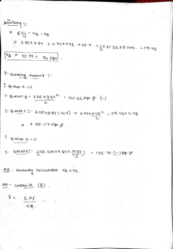 unilwey :- Ety - VB = 0 6- 85 X 9.84 +2:74 X 1148 + 28.9 *** 21:32*8.224, -119.43 MA 95.995 46 кірі 6 Bending moment : JB M