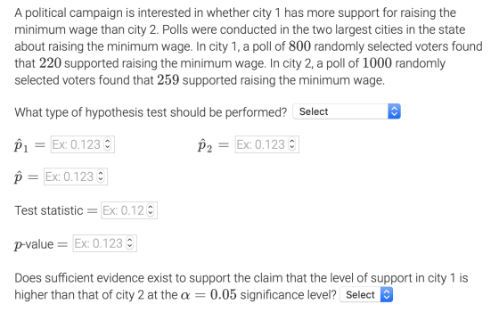A political campaign is interested in whether city 1 has more support for raising the minimum wage than city 2. Polls were co