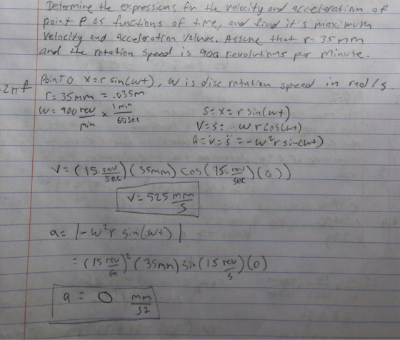Determine the expressions for the relocity and acceleration of point pas functions of time, and find its maximuth Velocity a