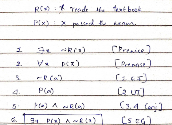R(x) : & reads the text book P(x) : x passed the exam 1 x nk(a) 2. Va pla) - 3. ~R (a) Pla) p(a) a nr(a) 6. Tar P(x) A NR (x)