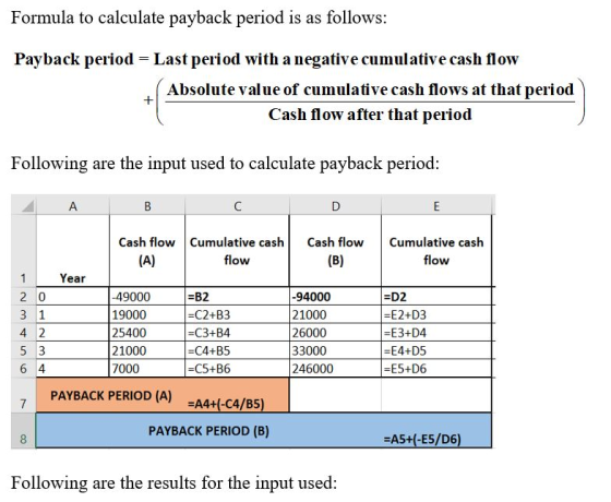 Formula to calculate payback period is as follows: Payback period = Last period with a negative cumulative cash flow Absolute