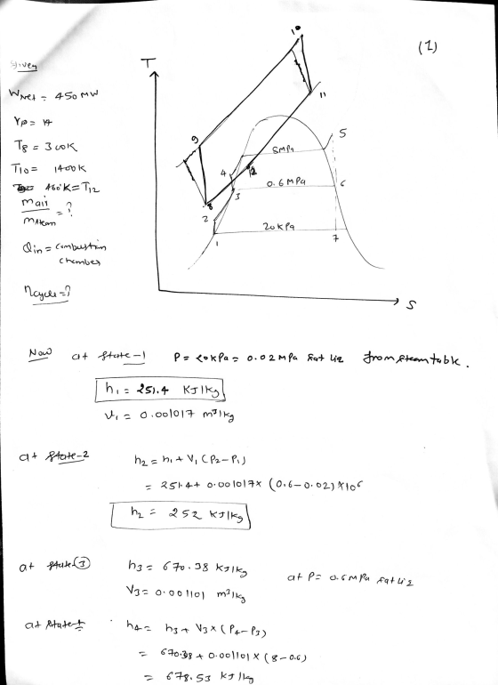 (2) given T Wreta 450 mW YP = 14 5 Тg = 3 cok smpa 4 To= 1400k Ege 160K=Tiz mai О. 6м Ра 3 Mateam ZokPa 7 din = combustion ch